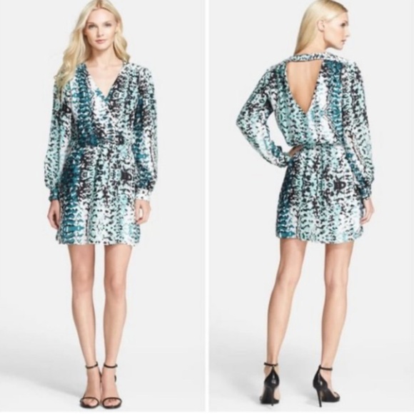 Parker women’s 100% silk Orange light blue long sleeve mini dress cut out back M - Picture 3 of 9